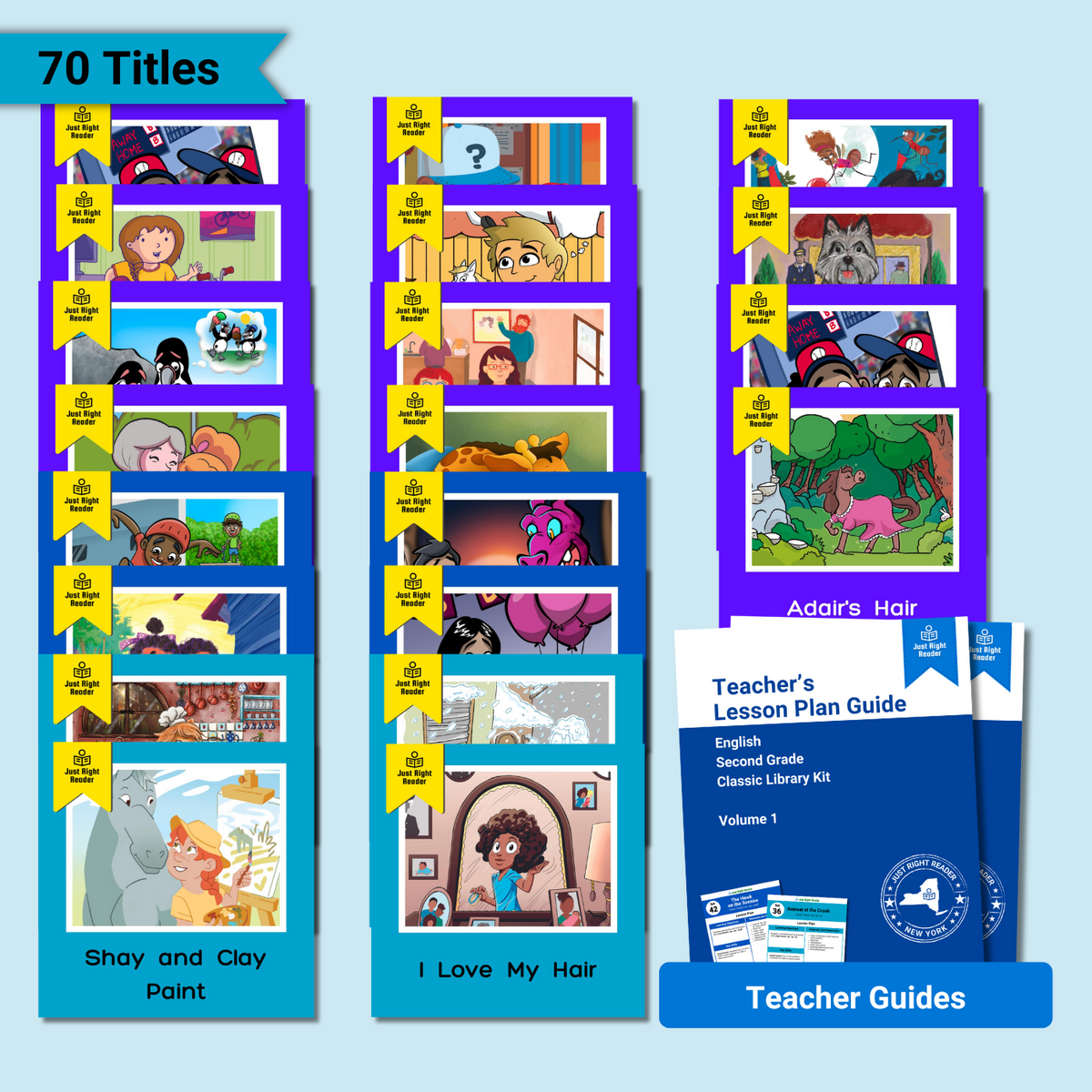 2nd Grade Classic Library, 2024-2025 Edition: English, 70 titles, 70 books, 2 Teacher Guides - Just Right Reader