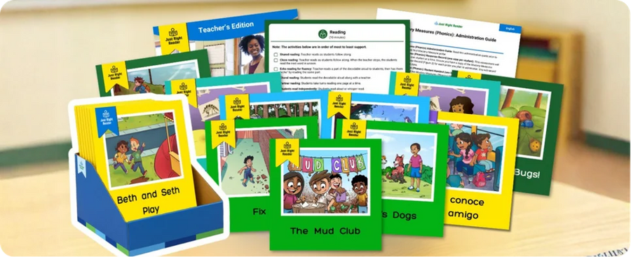 A classroom bookshelf of decodable titles
