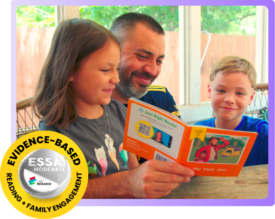 A young child reading a Just Right Reader book with a parent at a kitchen table.